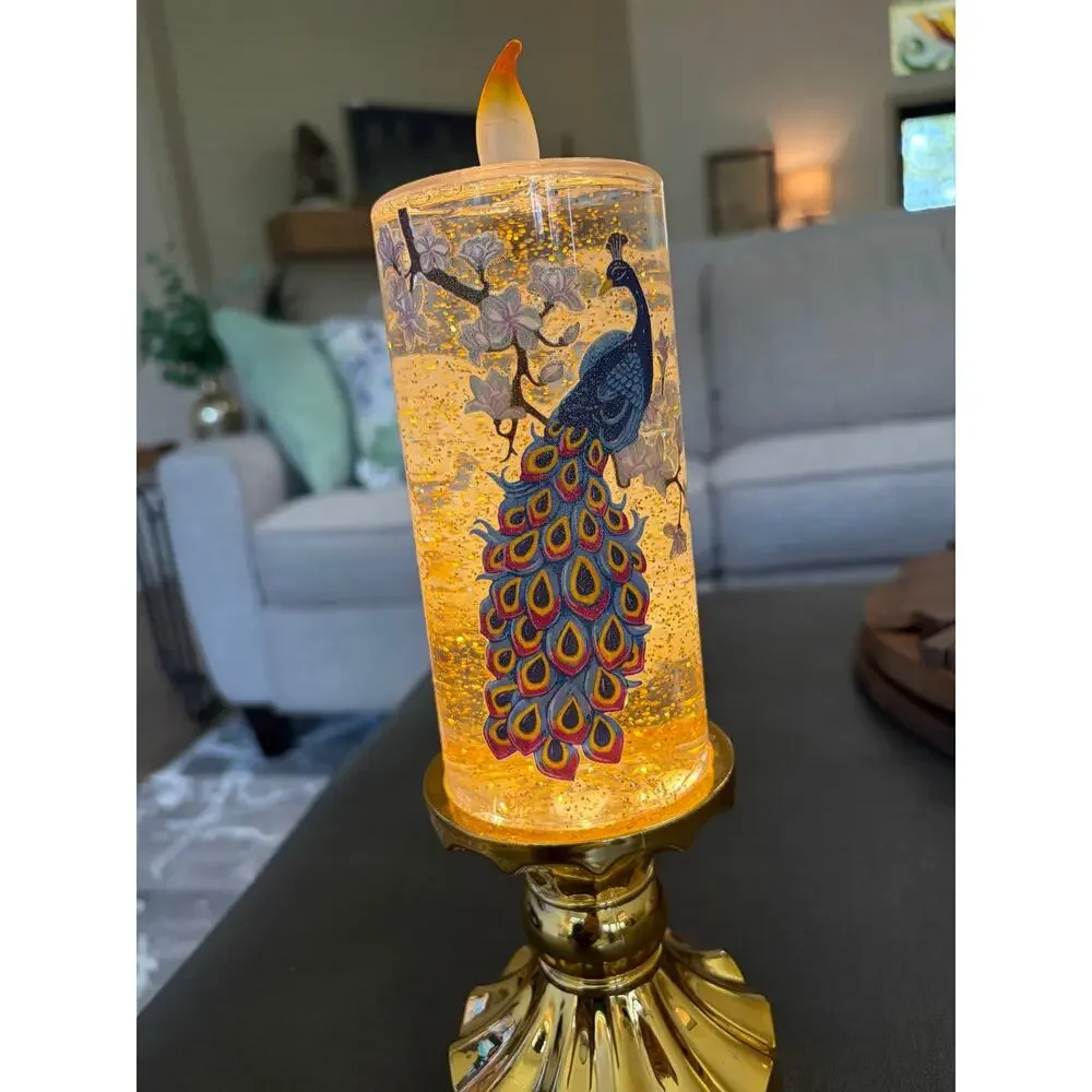 Cracker Barrel Peacock Candle Shaped Glitter Globe Light Up Pedestal Lamp 12